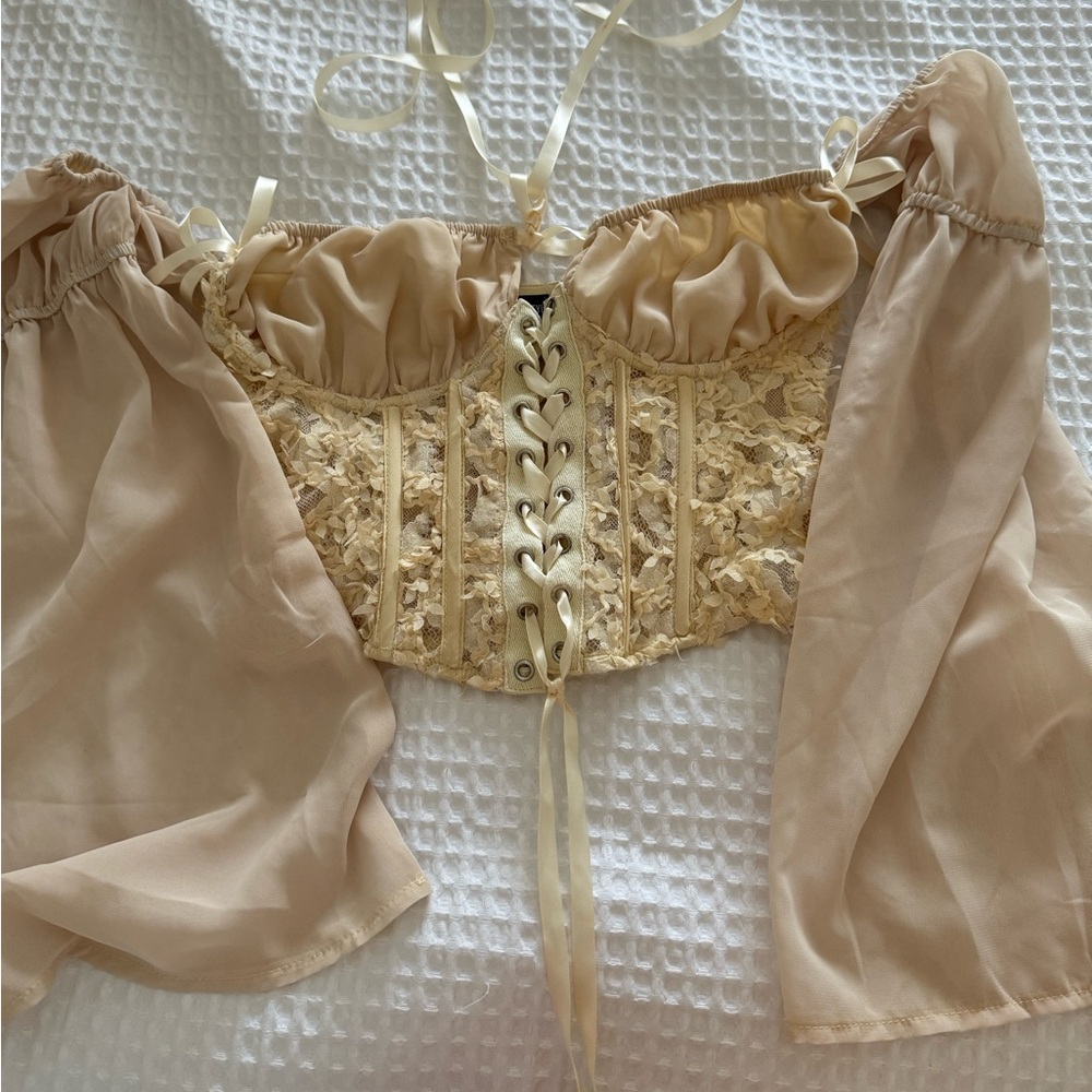 PrettyLittleThing Beige Lace-Up Bardot Corset Top